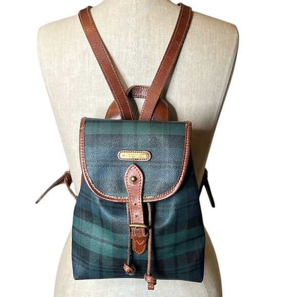 VTG Ralph Lauren Backpack Blackwatch Plaid Blue Green Tartan Leather Unisex - Picture 1 of 13